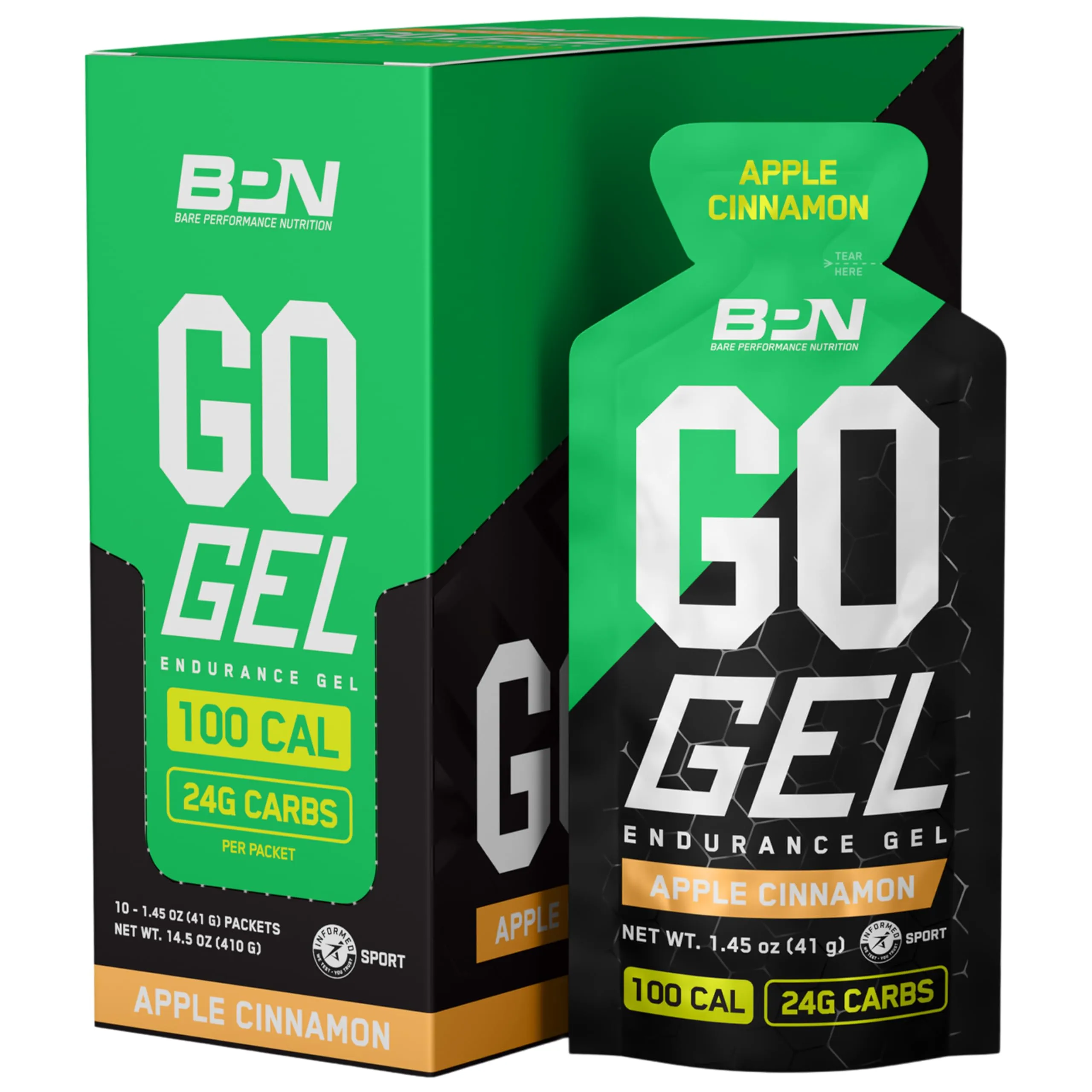 BARE PERFORMANCE NUTRITION, BPN Go Gel Endurance Gel, Vegan   Gluten Free Running Gel with 24g of Carbohydrates & 100 Calories per Gel Pack, 10 Single-Serving Gel Packs, Apple Cinnamon