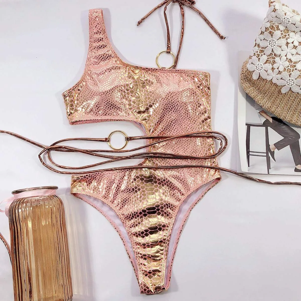 Hollow cut spaghetti one-shoulder bikini one-piece swimsuit snake skin swimsuit monokini
