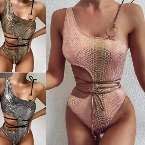 Hollow cut spaghetti one-shoulder bikini one-piece swimsuit snake skin swimsuit monokini