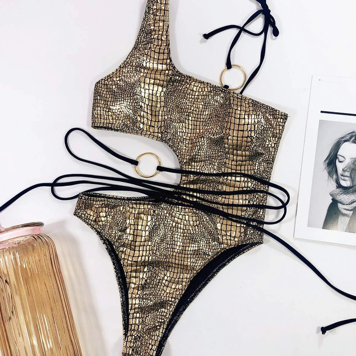 Hollow cut spaghetti one-shoulder bikini one-piece swimsuit snake skin swimsuit monokini