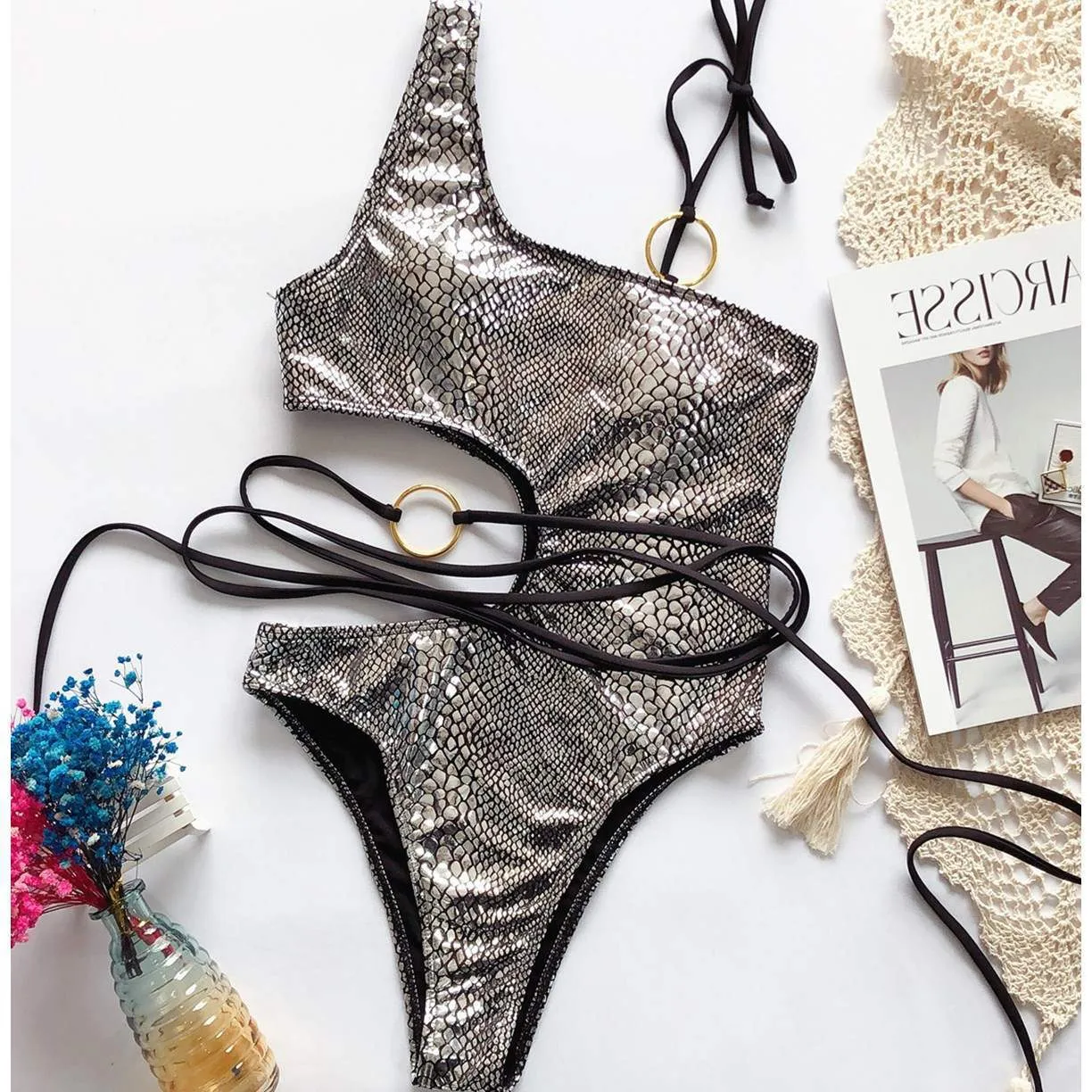 Hollow cut spaghetti one-shoulder bikini one-piece swimsuit snake skin swimsuit monokini