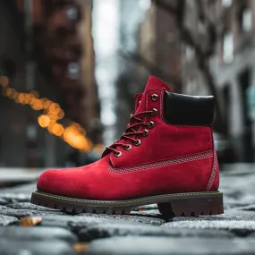 Red Leather Anziano Ankle Rugged Lace Up Combat Hiking Boots with Chunky Track Sole