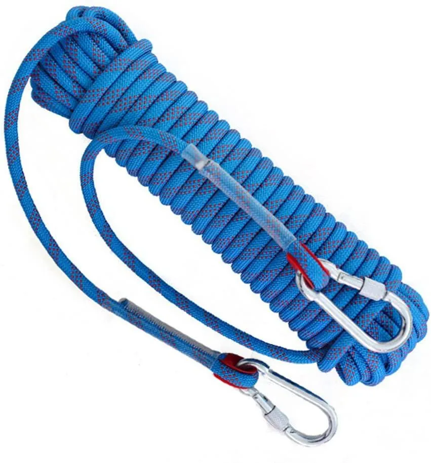 Wolike 10，20 Meters Length Professional Climbing Rope Rappelling Abseiling Rope Outdoor Excursions Accessories 12mm Diameter 12KN Escape High Resistance Rope With Two Carabiners